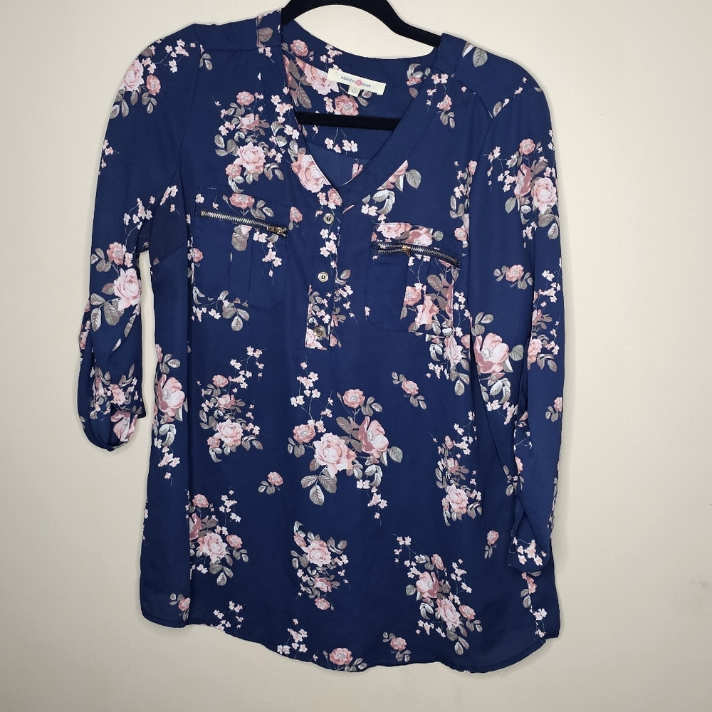 Wishful Park Navy Blue And Pink Floral Lightweight Blouse